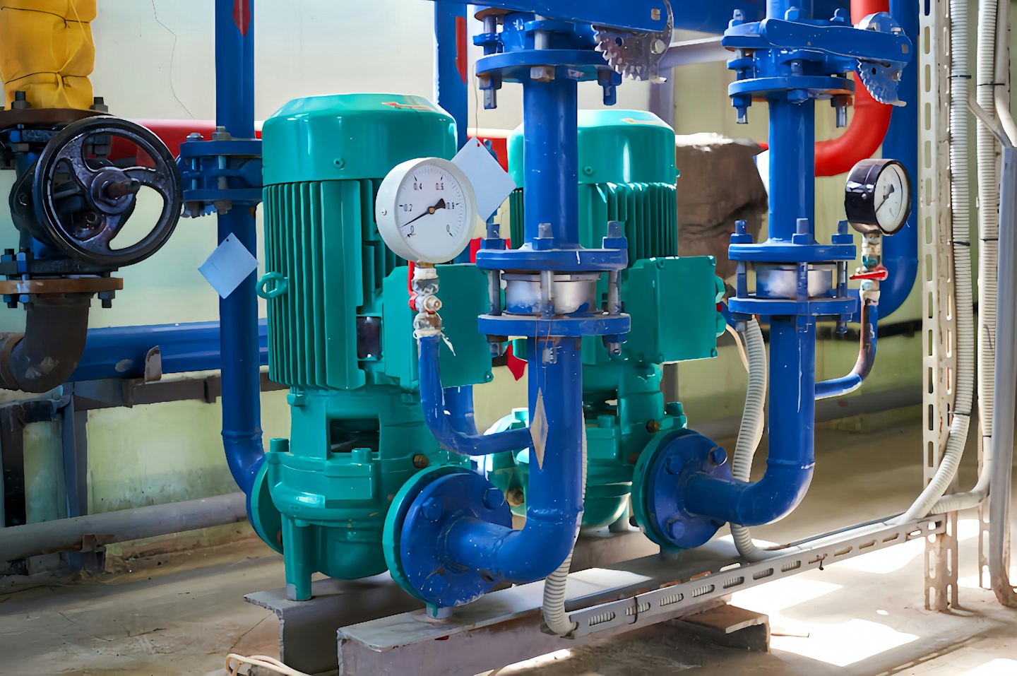 Teal electric motors connected to blue pipes and gauges in a utility room.